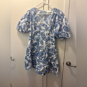 Cornflower Blue & White Floral Puff-Sleeve Women's Dress